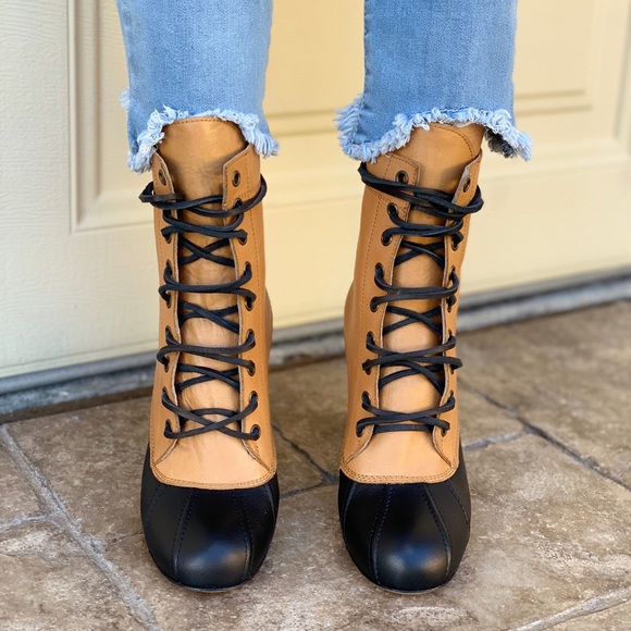 Leather High Heel Lace Up Tall Granny Duck Boots - Picture 5 of 8